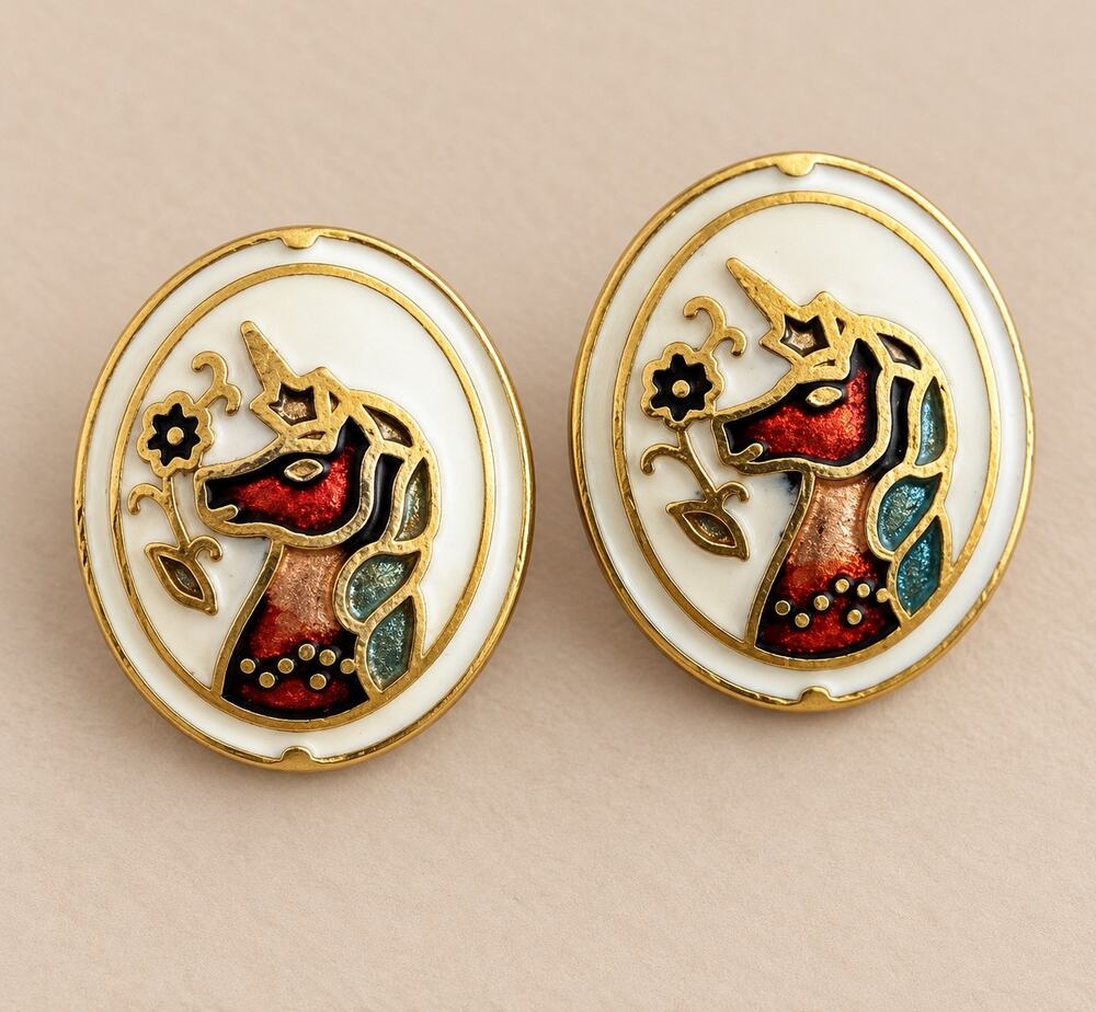 Vintage cloisonné enamel oval unicorn earrings